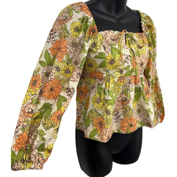 J.Crew Womens Floral Print Peplum Top Long Sleeve Square Neck Cotton Size 2 New - Picture 3 of 9